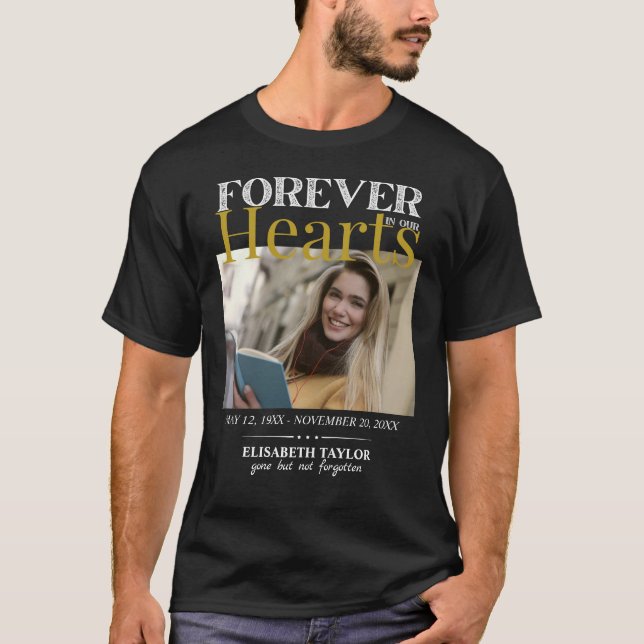 Personalized Black Gold Funeral Photo Memorial T-Shirt (Front)