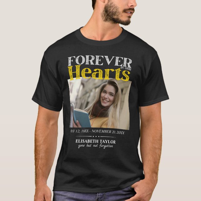 Personalized Black Gold Funeral Photo Memorial T-Shirt (Front)