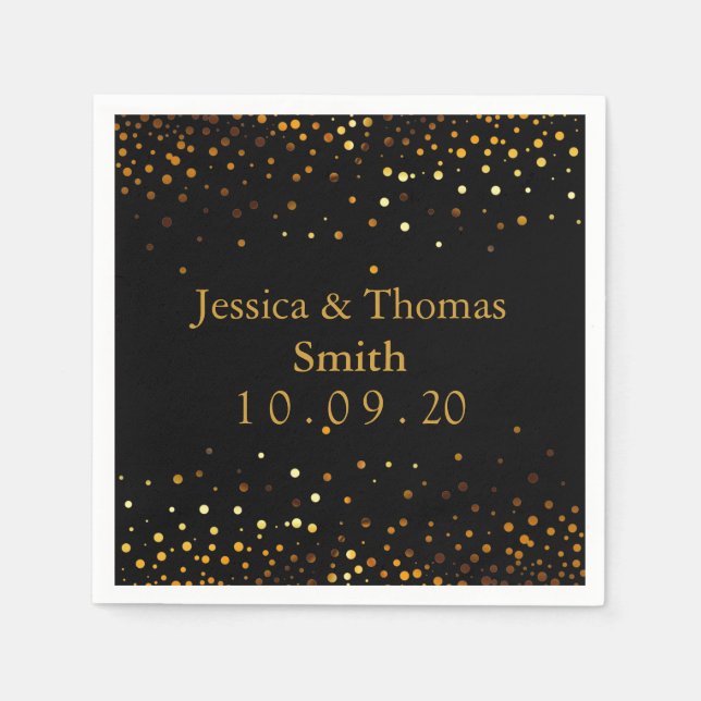 Personalized Black Gold Glitter Faux Foil Paper Napkins (Front)