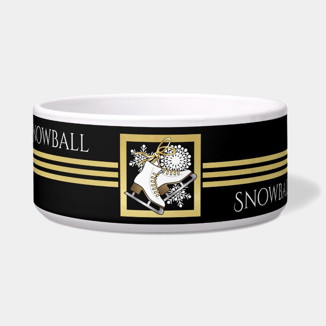 Personalized Black Gold Glitter Ice Skating Pet Bowl (Front)