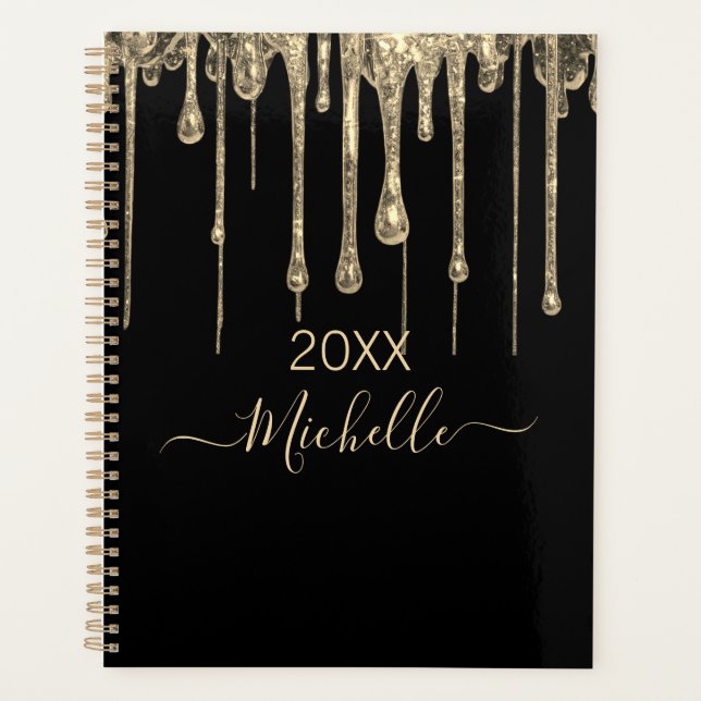 Personalized Black Gold Glitter Monogram Name 2025 Planner (Front)