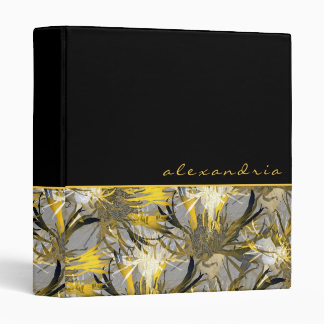 Personalized Black Gold & Gray Abstract Floral 3 Ring Binder (Front/Spine)
