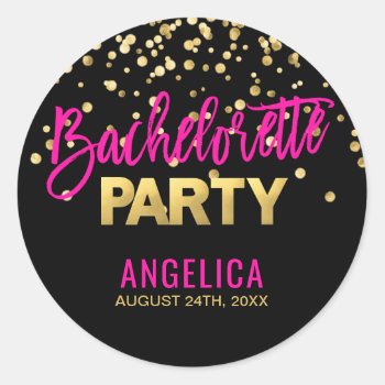 Personalized Black Gold Hot Pink Bachelorette Classic Round Sticker by UniqueWeddingShop at Zazzle