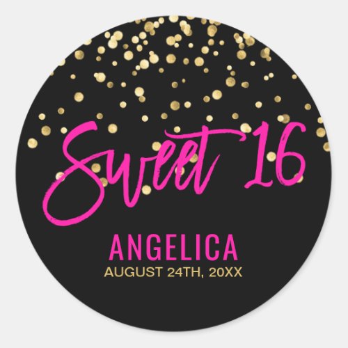 Personalized Black Gold Hot Pink Sweet SIXTEEN 16 Classic Round Sticker