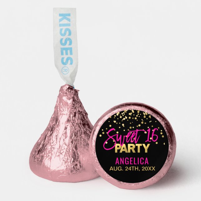 Personalized Black Gold Hot Pink Sweet SIXTEEN 16  Hershey®'s Kisses® (Front)