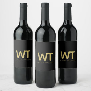 Personalized Black Gold Initials Logo Wine Label