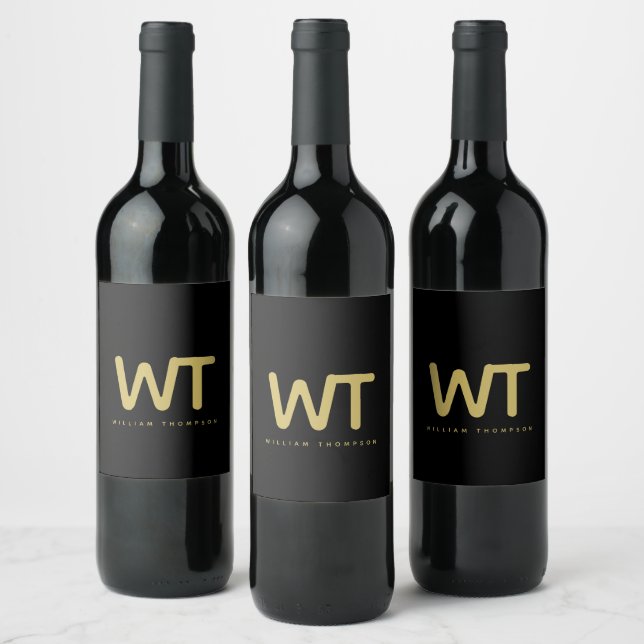Personalized Black Gold Initials Logo  Wine Label (Bottles)