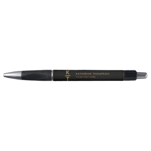 Personalized Black  Gold Initials Monogram  Text Pen