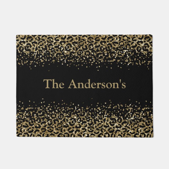 Personalized Black Gold Leopard Print Trendy Chic Doormat (Front)