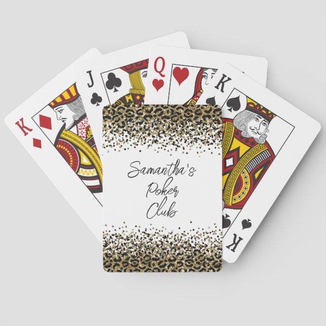 Personalized Black Gold Leopard Print Trendy Chic Poker Cards (Back)