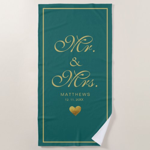 Personalized black gold love Heart mr and mrs  Bea Beach Towel