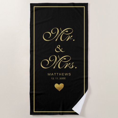 Personalized black gold love Heart mr and mrs  Beach Towel