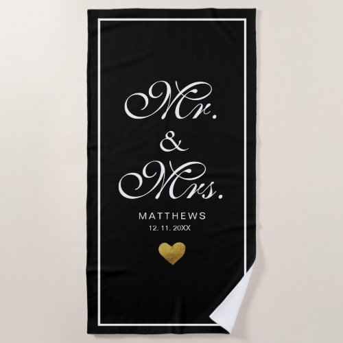 Personalized black gold love Heart mr and mrs Beach Towel