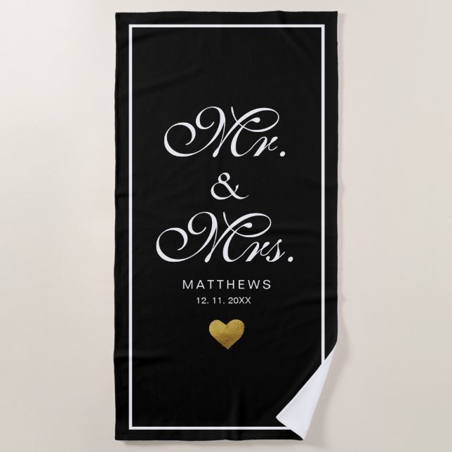 Personalized black gold love Heart mr and mrs Beach Towel (Front)