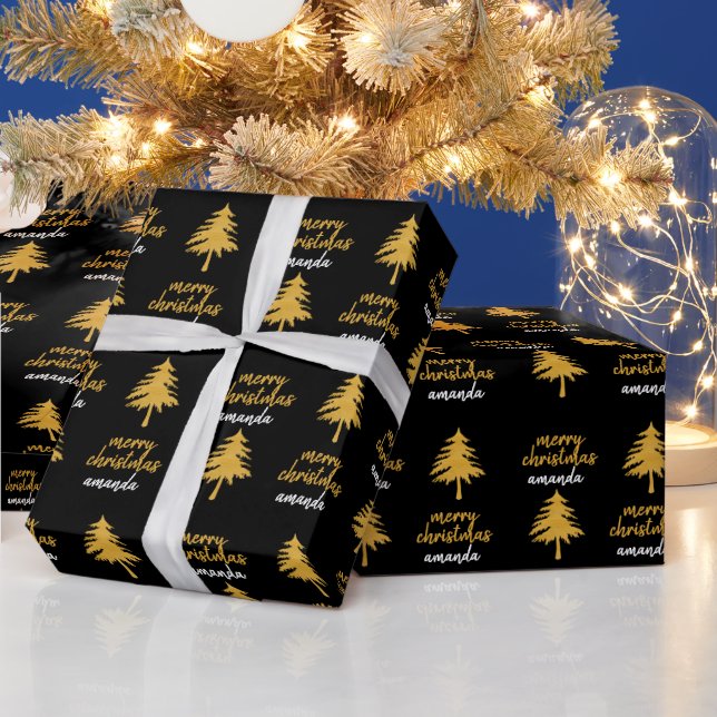 Personalized Black Gold Merry Christmas Gift Wrapping Paper (Holidays)