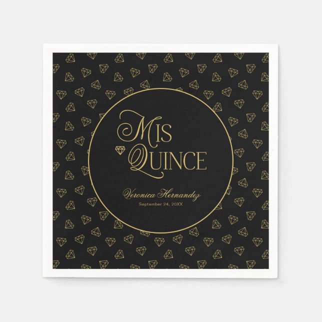 Personalized Black Gold Mis Quince Quinceanera  Napkins (Front)