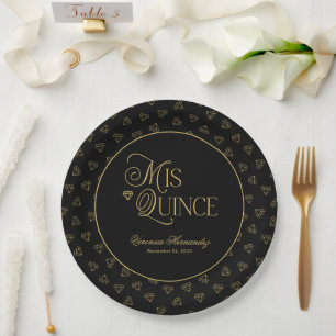 Personalized Black Gold Mis Quince Quinceanera  Paper Plates