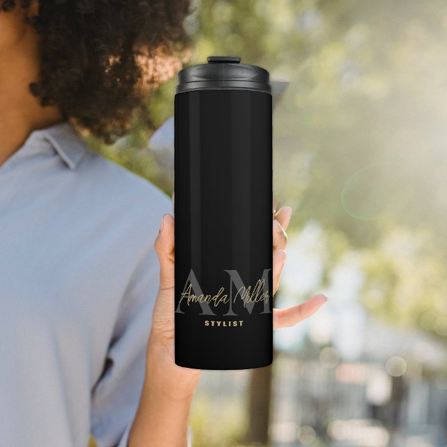 Personalized Black Gold Modern Monogram Minimalist Thermal Tumbler (Creator Uploaded)