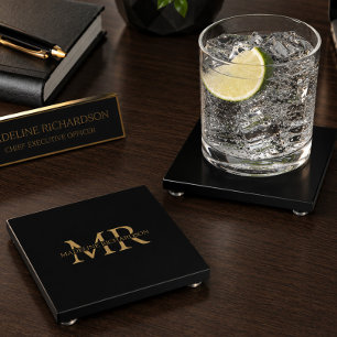 Personalized Black Gold Monogram Executive Glass Coaster