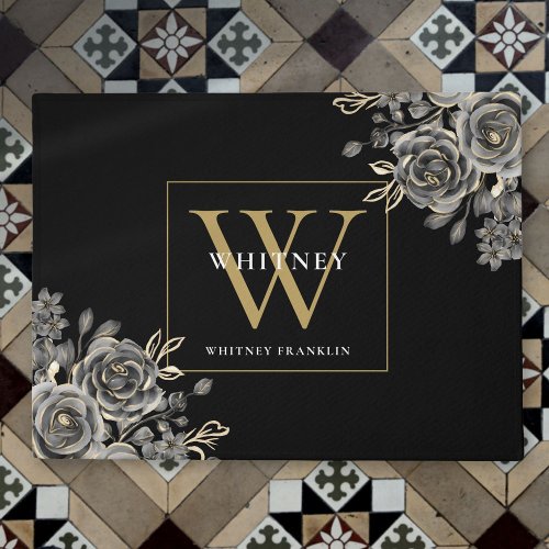 Personalized Black Gold Monogram Floral Roses Doormat