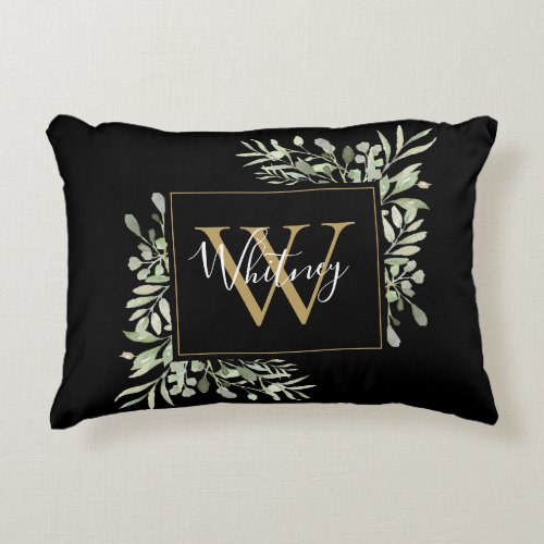 Personalized Black Gold Monogram Greenery Floral Accent Pillow
