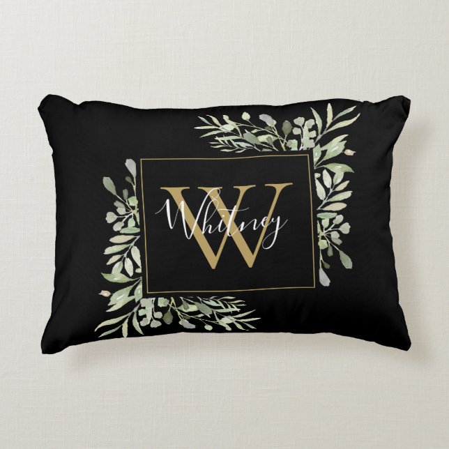 Personalized Black Gold Monogram Greenery Floral Accent Pillow (Front)
