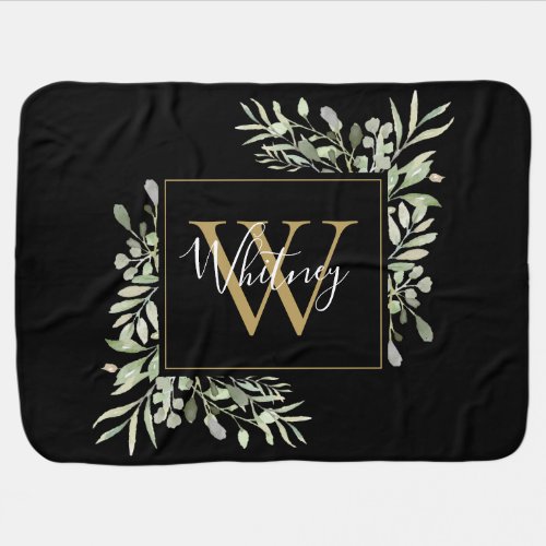 Personalized Black Gold Monogram Greenery Floral Baby Blanket