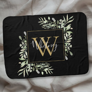 Personalized Black Gold Monogram Greenery Floral Baby Blanket