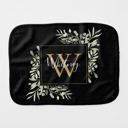 Personalized Black Gold Monogram Greenery Floral Baby Burp Cloth