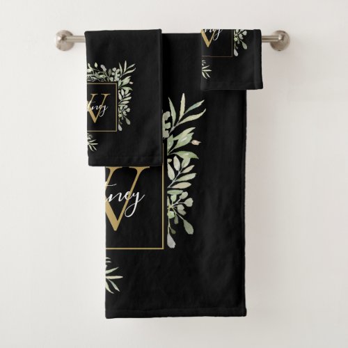 Personalized Black Gold Monogram Greenery Floral Bath Towel Set