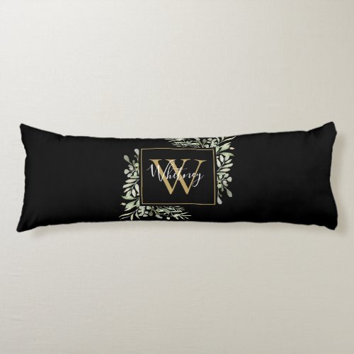 Personalized Black Gold Monogram Greenery Floral Body Pillow