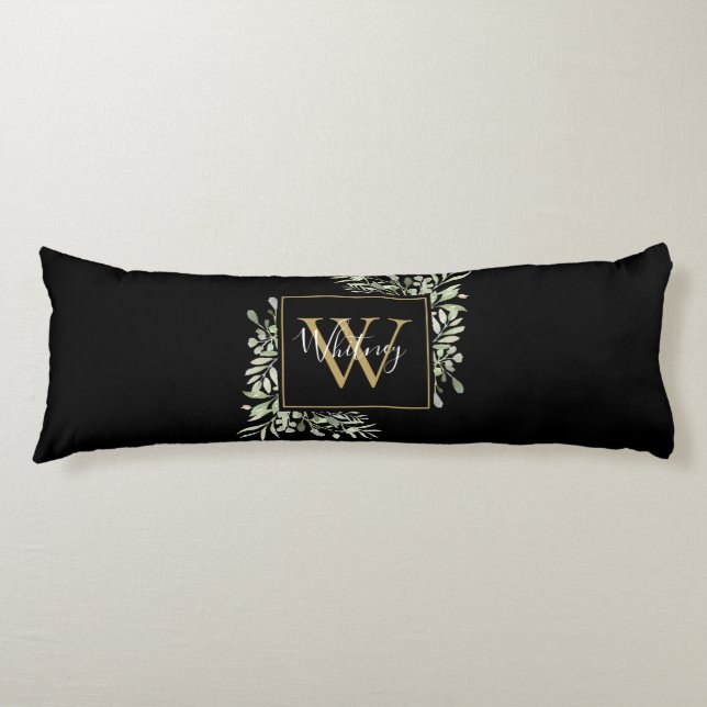 Personalized Black Gold Monogram Greenery Floral Body Pillow (Front)