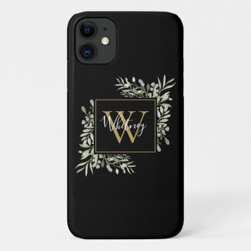 Personalized Black Gold Monogram Greenery Floral iPhone 11 Case