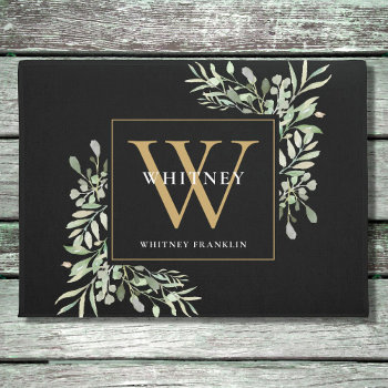 Personalized Black Gold Monogram Greenery Floral Doormat by thisisnotmedesigns at Zazzle