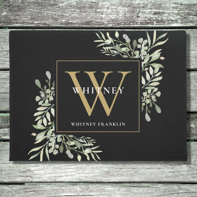 Personalized Black Gold Monogram Greenery Floral Doormat