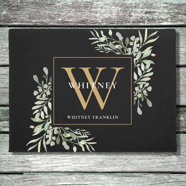 Personalized Black Gold Monogram Greenery Floral Doormat (Creator Uploaded)
