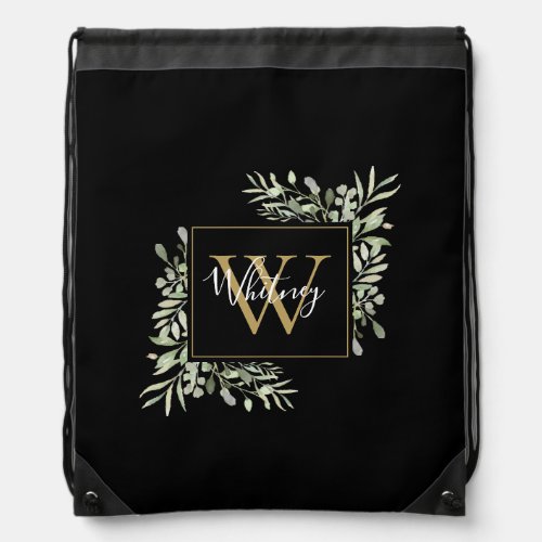 Personalized Black Gold Monogram Greenery Floral  Drawstring Bag