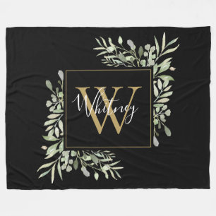 Personalized Black Gold Monogram Greenery Floral Fleece Blanket