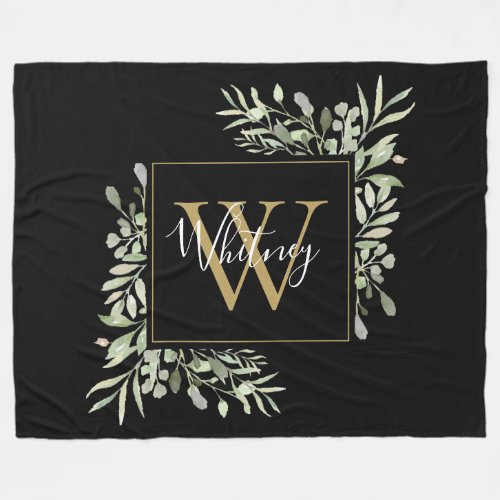 Personalized Black Gold Monogram Greenery Floral Fleece Blanket