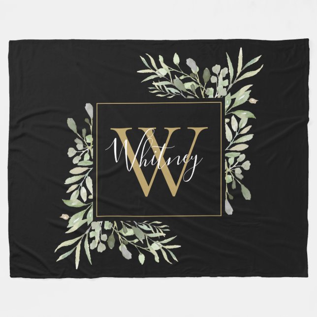 Personalized Black Gold Monogram Greenery Floral Fleece Blanket (Front (Horizontal))