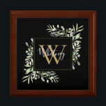 Personalized Black Gold Monogram Greenery Floral Gift Box<br><div class="desc">Elegant watercolor greenery leaves floral monogram name gift box featuring a gold monogram initial on a black background with your name set in a stylish white script. Designed by Thisisnotme©</div>