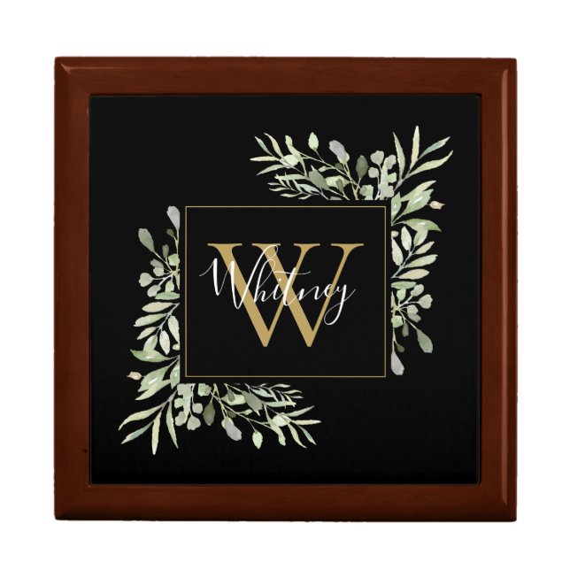 Personalized Black Gold Monogram Greenery Floral Gift Box (Front)