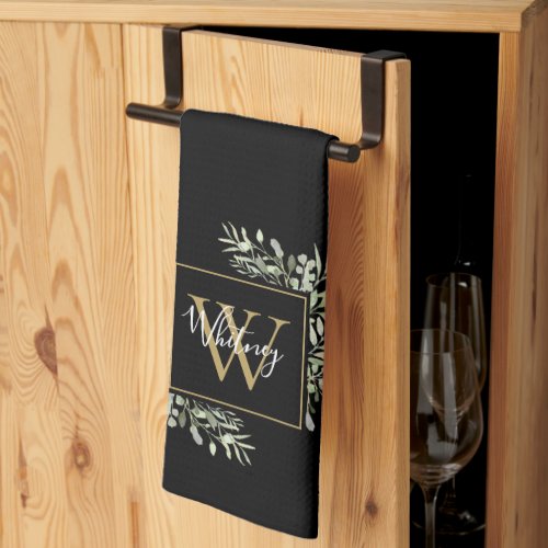 Personalized Black Gold Monogram Greenery Floral Kitchen Towel