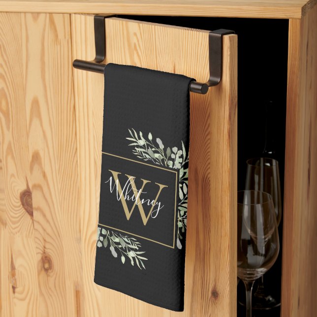 Personalized Black Gold Monogram Greenery Floral Kitchen Towel (Thirds Fold)