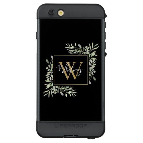 Personalized Black Gold Monogram Greenery Floral LifeProof ND iPhone 6s Plus Case