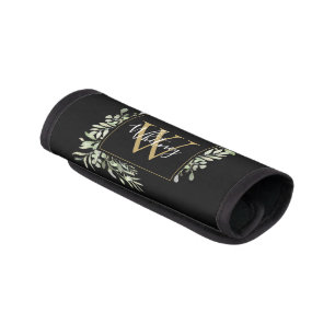 Personalized Black Gold Monogram Greenery Floral Luggage Handle Wrap