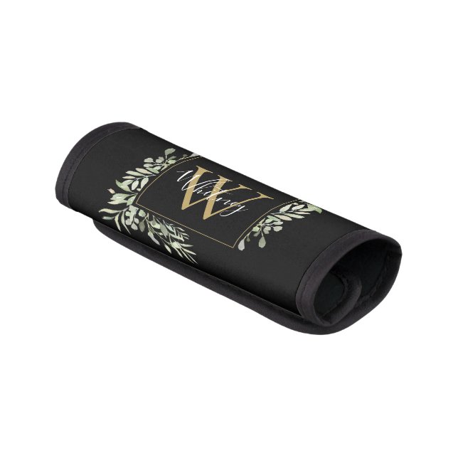 Personalized Black Gold Monogram Greenery Floral Luggage Handle Wrap (Angled)