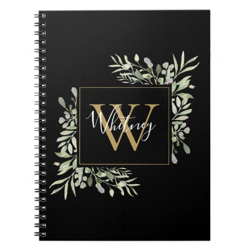 Personalized Black Gold Monogram Greenery Floral Notebook