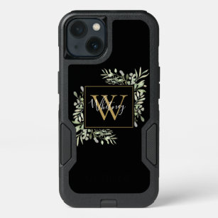 Personalized Black Gold Monogram Greenery Floral iPhone 13 Case
