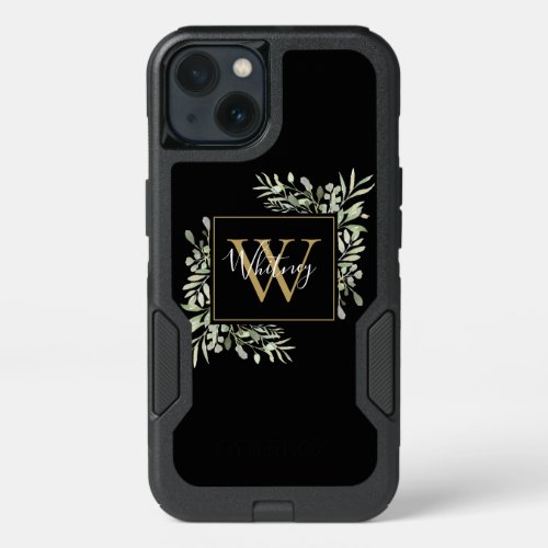 Personalized Black Gold Monogram Greenery Floral iPhone 13 Case